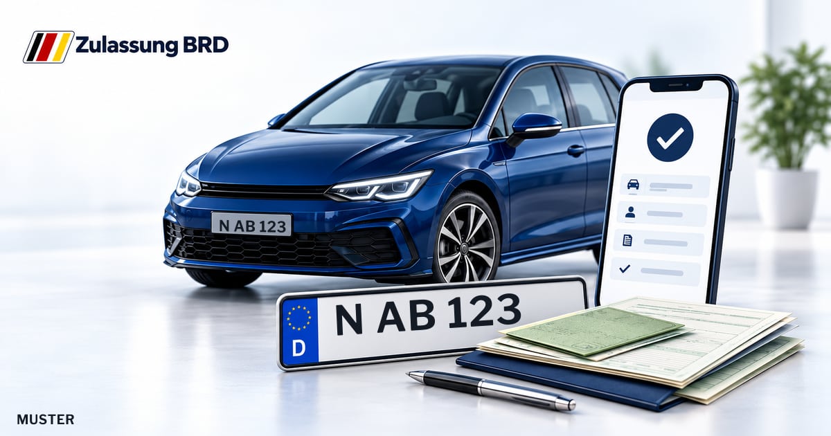 Online Fahrzeugzulassung in Burgthann: Musterkennzeichen N AB 123, Auto und Fahrzeugpapiere und Smartphone. Illustration mit Logo von Zulassung BRD.